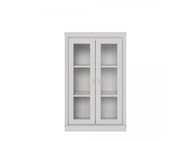 Estante de madeira com 1,19 m no acabamento branco lavado com duas portas de vidro/ Coleção biblioteca